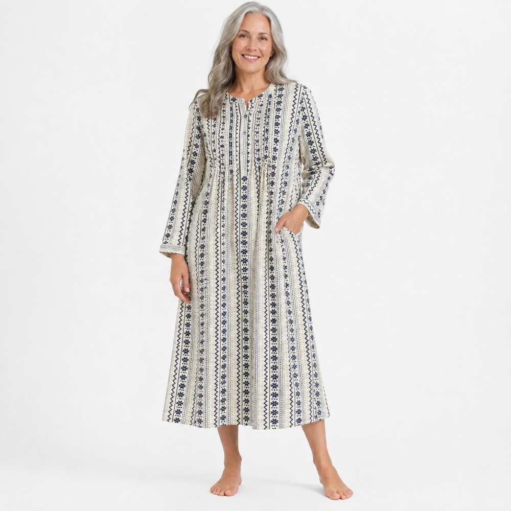 The Vermont Country Store Blue Folk Print Cottagecore House Dress Maxi Size L